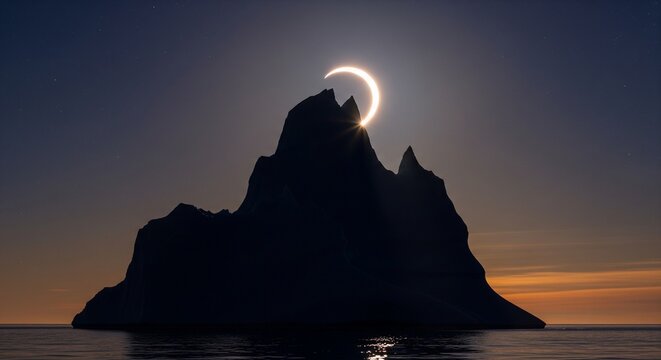A silhouette of a jagged mountain peak during a partial solar eclipse, with a glowing crescent sun hanging directly above the summit at dusk