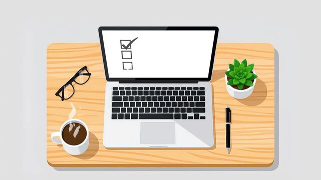 Modern wooden desk with laptop displaying digital checklist, coffee, glasses, and plant. Ideal for remote work, online tasks, and productivity.