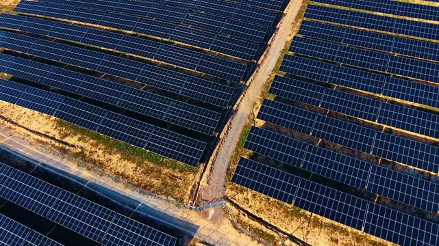 High angle view of rows of photovoltaic solar panels. Aerial shot of large scale solar farm with rows of photovoltaic panels on dry ground with access roads.