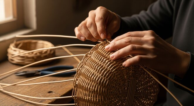 Hands weaving a traditional wicker basket on a wooden table, close-up shot