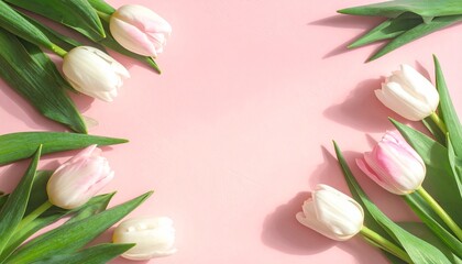 Fototapeta premium Pink tulips bouquet on pastel background soft spring floral arrangement minimalist