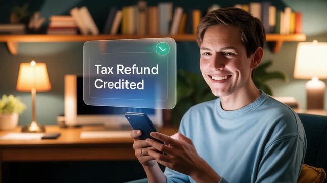 Smiling man receives tax refund notification on phone