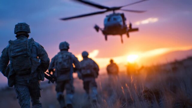 493Rear view of a group of soldiers in full combat gear, silhouetted against sunrise sky, approaching a helicopter, cinematic mist and atmospheric glow highlighting camaraderie and re