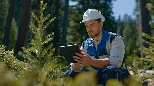 Forestry worker kneeling beside a young tree, tablet on lap, forest management app open, measuring growth and planning harvest, natural forest environment, sustainable forestry tec