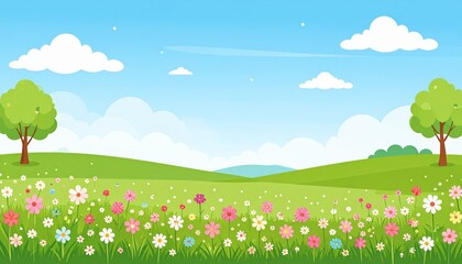 Fototapeta premium Vibrant wildflower meadow with green trees under sunny blue sky summer landscape