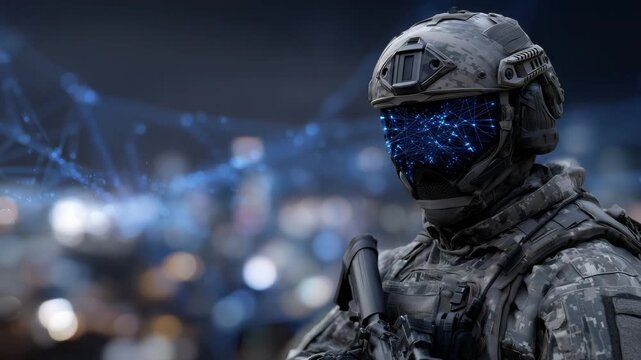 Futuristic combat soldier in tactical gear, digital network background with streaming data and light grids, helmet visor reflecting network diagrams, concept of cyber defense and m