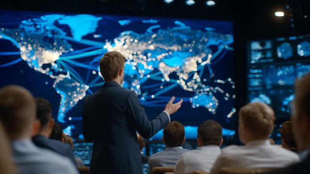 Global logistics briefing scene with analysts standing before a digital maritime traffic map, lines of ships crossing oceans, highlighted choke points and ports, professional prese