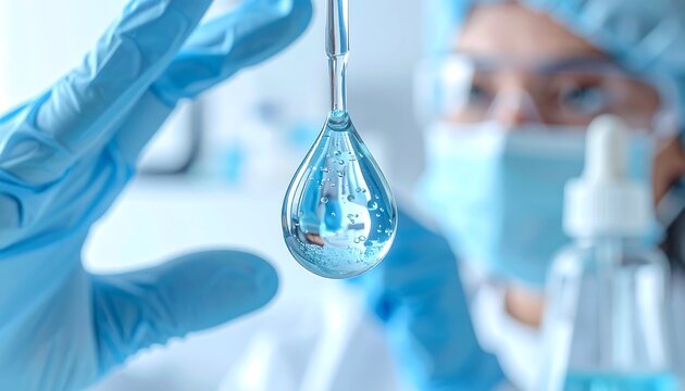 Close-up of a researcher in a laboratory holding a drop of liquid, reflecting microscopic details, symbolizing scientific discovery and innovation in a controlled environment