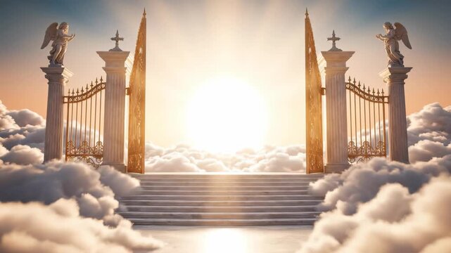 Majestic golden gates of heaven opening above clouds with bright sunlight, concept for religious art illustration, spiritual background design and inspirational poster visuals