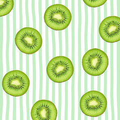 Kiwi slices pattern on green striped background