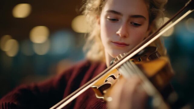 Indoor studio shot of a woman playing violin, detailed view of strings, bow, and hand positions, warm light bouncing off wooden surfaces, serene artistic environment, cinematic qua