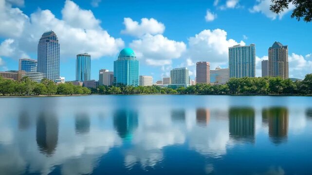 Stunning timelapse motion of downtown orlando skyline reflecting on lake eola with moving clouds and blue sky