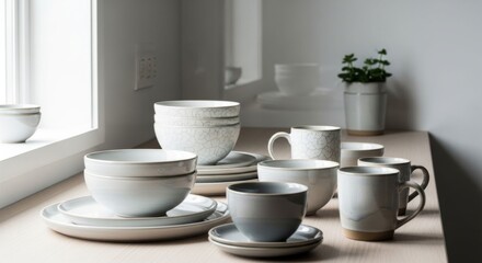 Fototapeta premium Minimalist Ceramic Dinnerware Set on Table: Bowls, Plates, Mugs, Cups