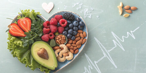 Superfood concept and balanced nutrition with a healthy diet full of fresh fruits and vegetables on heart shaped plate