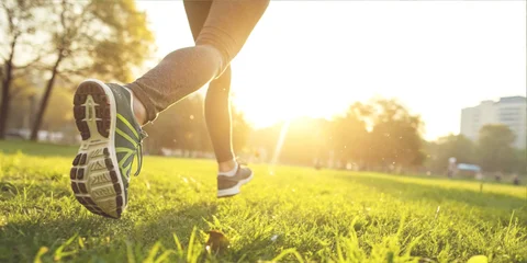 Fotobehang Hardlopen Exercise lifestyle for maintaining leg health of a runner running on grass in the morning in a public park  © guguart
