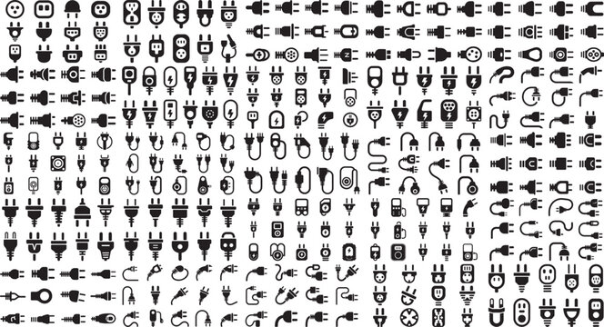 Collection of various electrical plug and socket icons on white background