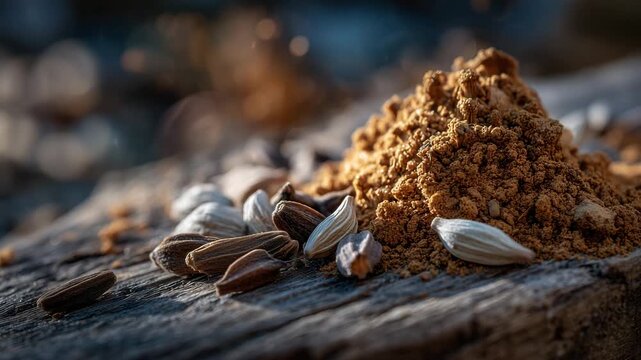Macro composition of whole and broken mace spice on rough wooden surface, textures and fine fibers emphasized, sunlight filtering softly from side, earthy and aromatic atmosphere