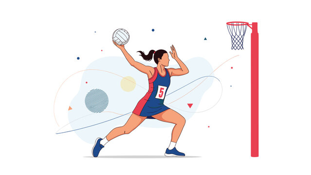 Female athlete in a blue and red uniform prepares to throw a ball toward a netball hoop against an abstract light colored background scene.