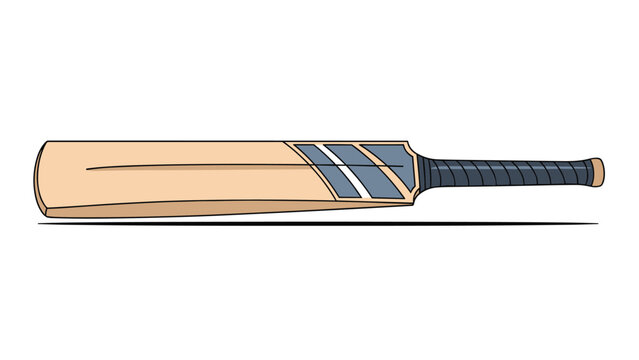 Traditional wooden cricket bat with a blue patterned sticker on the face and a black wrapped handle resting horizontally on a white background.