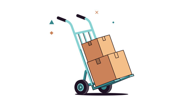 Blue hand truck loaded with cardboard boxes is ready for moving or delivery service in a warehouse environment.