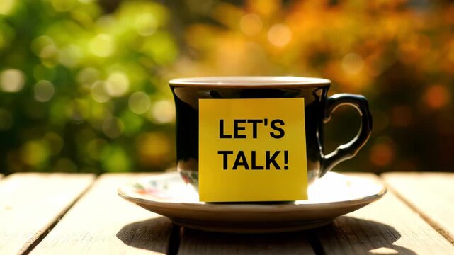 Black coffee cup with 'Let's Talk!' sticky note on wooden table outdoor, concept for meeting invitation, negotiation guidance and casual business discussion