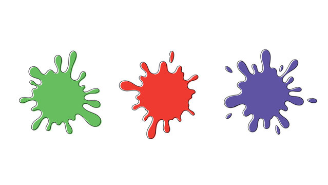 Three vibrant splats of green, red, and purple paint create a messy and artistic splash on a clean white surface.