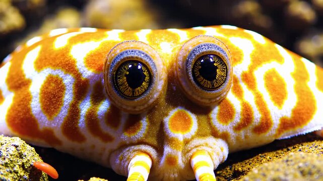 Hypnotic Cuttlefish rapidly changes skin color and texture to perfectly mimic a nearby rough, textured rock surface in an underwater marine environment.