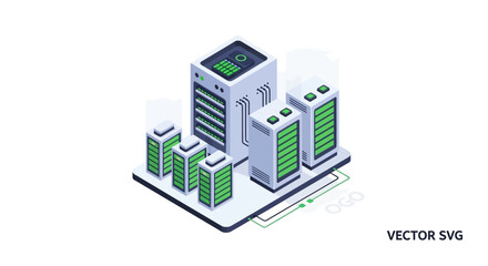 Isometric illustration of a data center with multiple server racks and a main control building.
