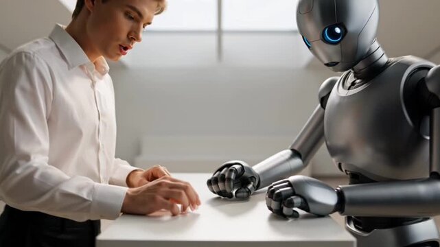 Man interacting with a humanoid robot on a white table.