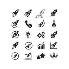 Fototapeta premium Rocket Startup Icon Set, Rocket Launch Icons Collection, Business Growth, Launch, Marketing Growth Symbols Innovation, Investment Vector Set, Success Vector Bundle 
