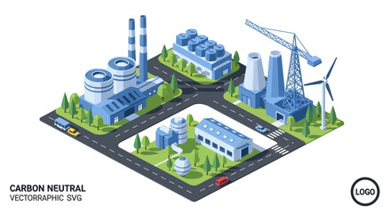 Isometric illustration of a carbon neutral industrial complex with renewable energy sources. © dawi wae