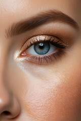 Naklejka premium Captivating Close-Up of a Woman's Eye with Shimmering Gold Eyeshadow and Long Lashes Showcasing the Artistry of Makeup and the Allure of Human Beauty