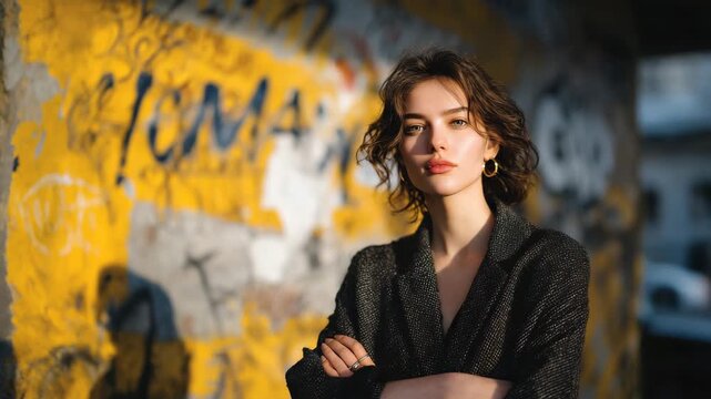Portrait of a woman standing in front of graffiti-covered city wall, textured colors in the background, dramatic sunlight casting shadows, confident street-style pose, cinematic ur