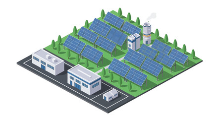 Sustainable Energy Farm with Solar Panels and Buildings.