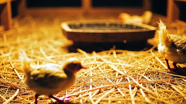 Adorable Baby Chicks Walking Slowly Across Straw in Warm Barn Light with Soft Clucking Sounds, Gentle Camera Slide Motion, Cozy Farm Atmosphere