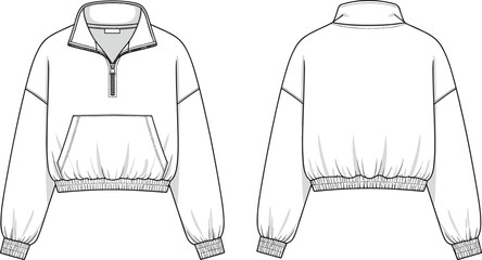 Cad drawing flat vector illustration of a women's cropped quarter zip pullover sweatshirt featuring a kangaroo pocket and elastic waistband, © Liza