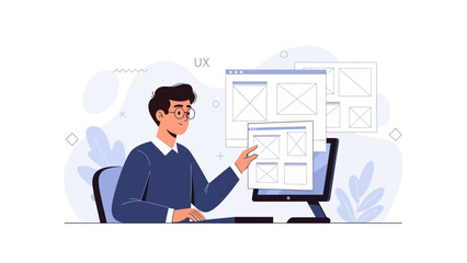 UX designer working on website wireframes on computer screen, user experience concept