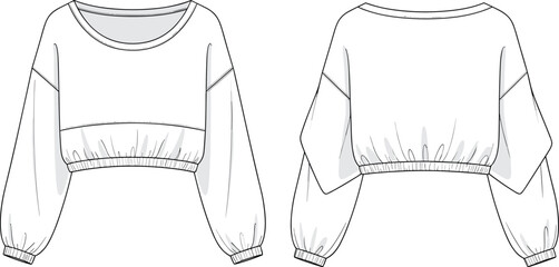 Cad drawing flat vector illustration of a women's cropped long sleeve sweatshirt featuring a round neck, elasticated hem, and cuffs, © Liza