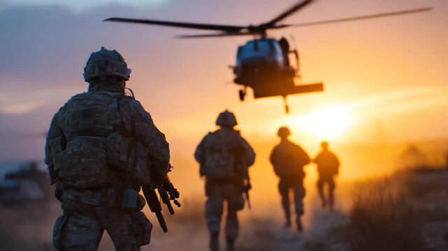 Rear view of a group of soldiers in full combat gear, silhouetted against sunrise sky, approaching a helicopter, cinematic mist and atmospheric glow highlighting camaraderie and re