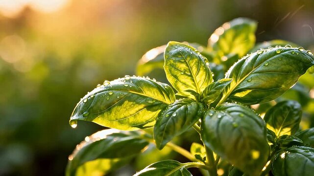 Green leaves with water droplets in sunlight