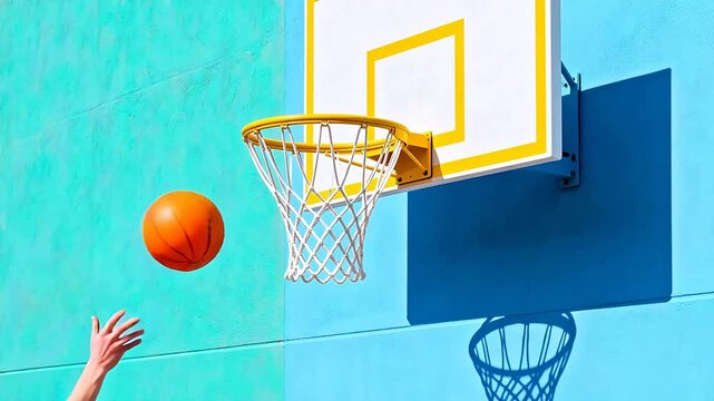 Basketball hoop against colorful wall