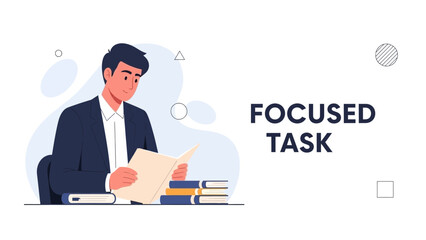 Focused Man Reading Book at Desk, Studying and Learning Concept