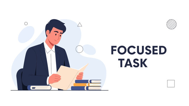 Focused Man Reading Book at Desk, Studying and Learning Concept