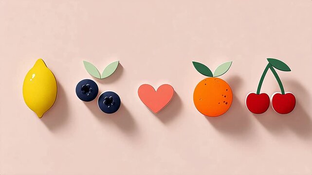 Fruit and heart icons on pastel background