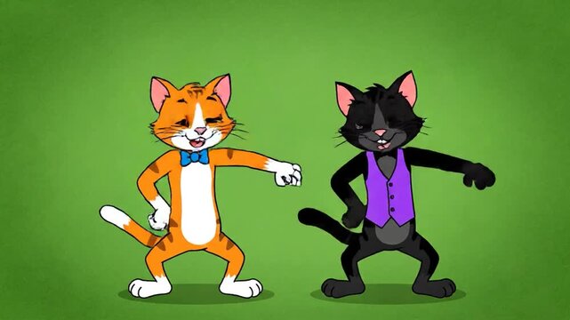 Cartoon animated cats doing a fist bump on green background animation for kids content