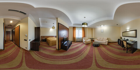 full seamless hdri 360 degrees angle view panorama in  interior guestroom hall with furniture in modern hotel in equirectangular spherical projection. VR content