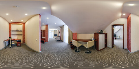 full seamless hdri 360 degrees angle view panorama in  interior guestroom hall with furniture in modern hotel in equirectangular spherical projection. VR content