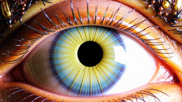 Macro view of an eye-like structure composed entirely of pulsing liquid light and fiber optics, suggesting a rhythmic biological and technological hybrid