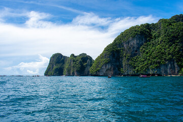 Phi Phi Islands Near Phuket Thailand. Beautiful landscape Limestone rock formations on Andaman Sea, Turquoise clear blue and green water