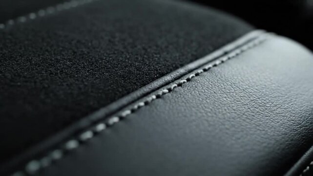 Close-up of black leather and fabric car interior with visible stitching and texture.